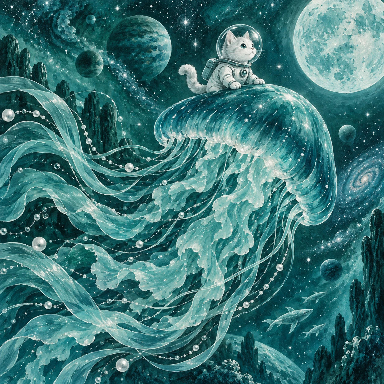 A white astronaut cat rides a cyan jellyfish through deep ocean space